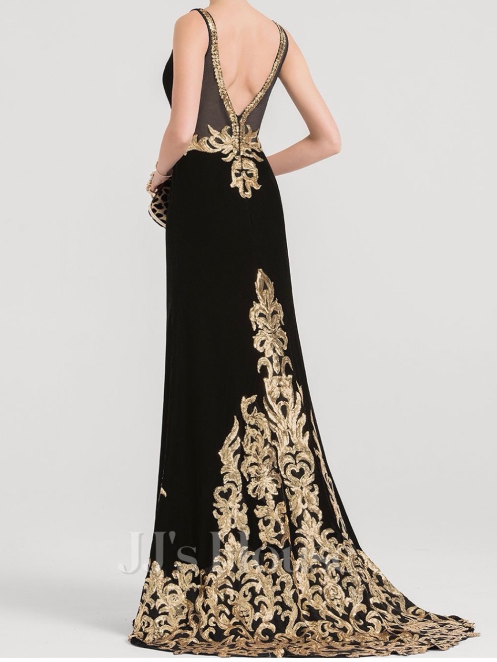 JJs House Black Velvet Evening Gown with Gold Embellishments - Picture 3 of 6